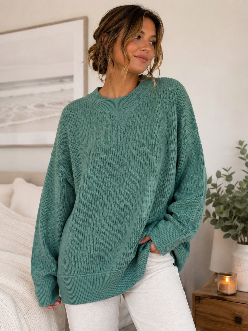 Aerie Oversized Green Cozy Crewneck Sweater XS comfy fall winter loungewear